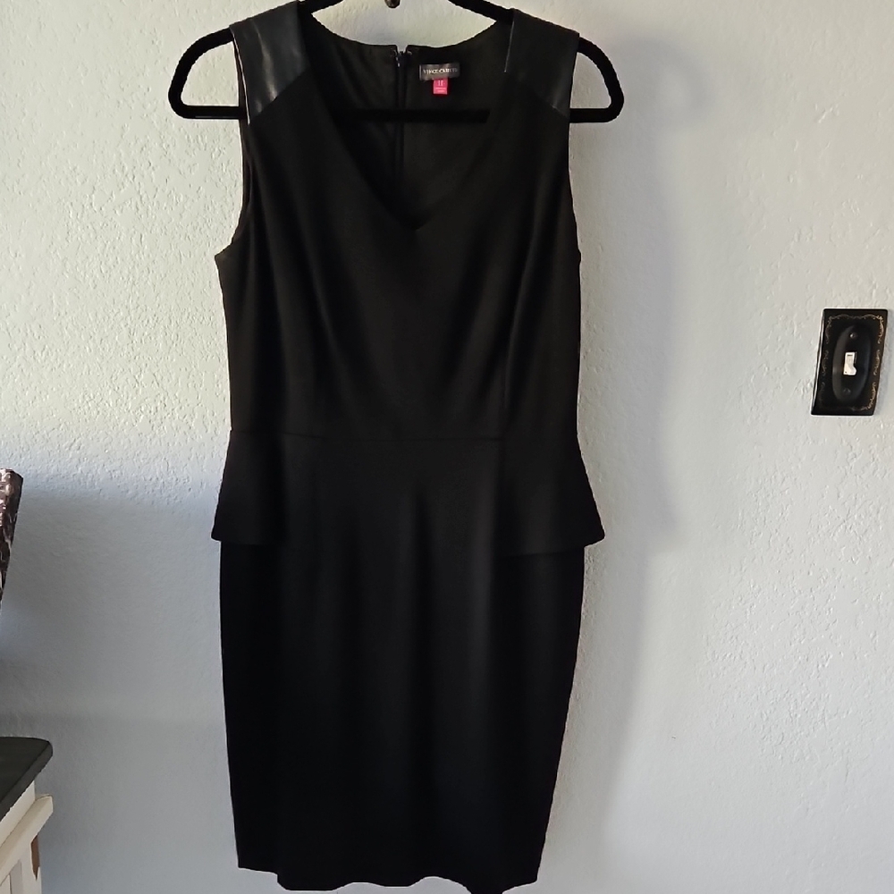 Vince Camuto Black Faux-Leather Shoulder Peplum Midi Dress